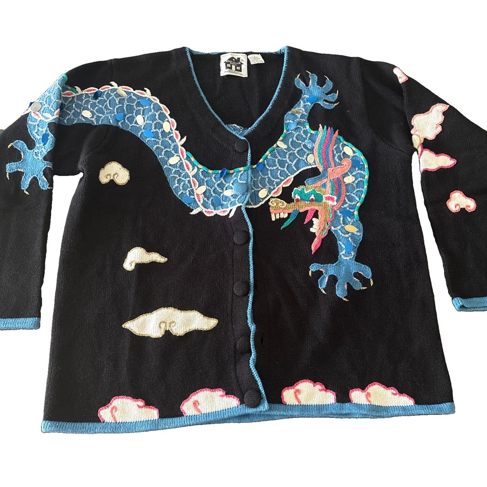 Vintage Storybook Knits Rare All Over Dragon Design Cardigan Sweater Womens L
